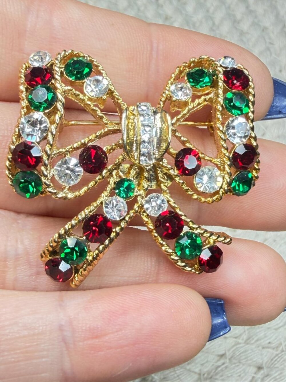 Eisenberg Ice Christmas Bow Brooch Red Green Clear Rhinestone Vintage Pin